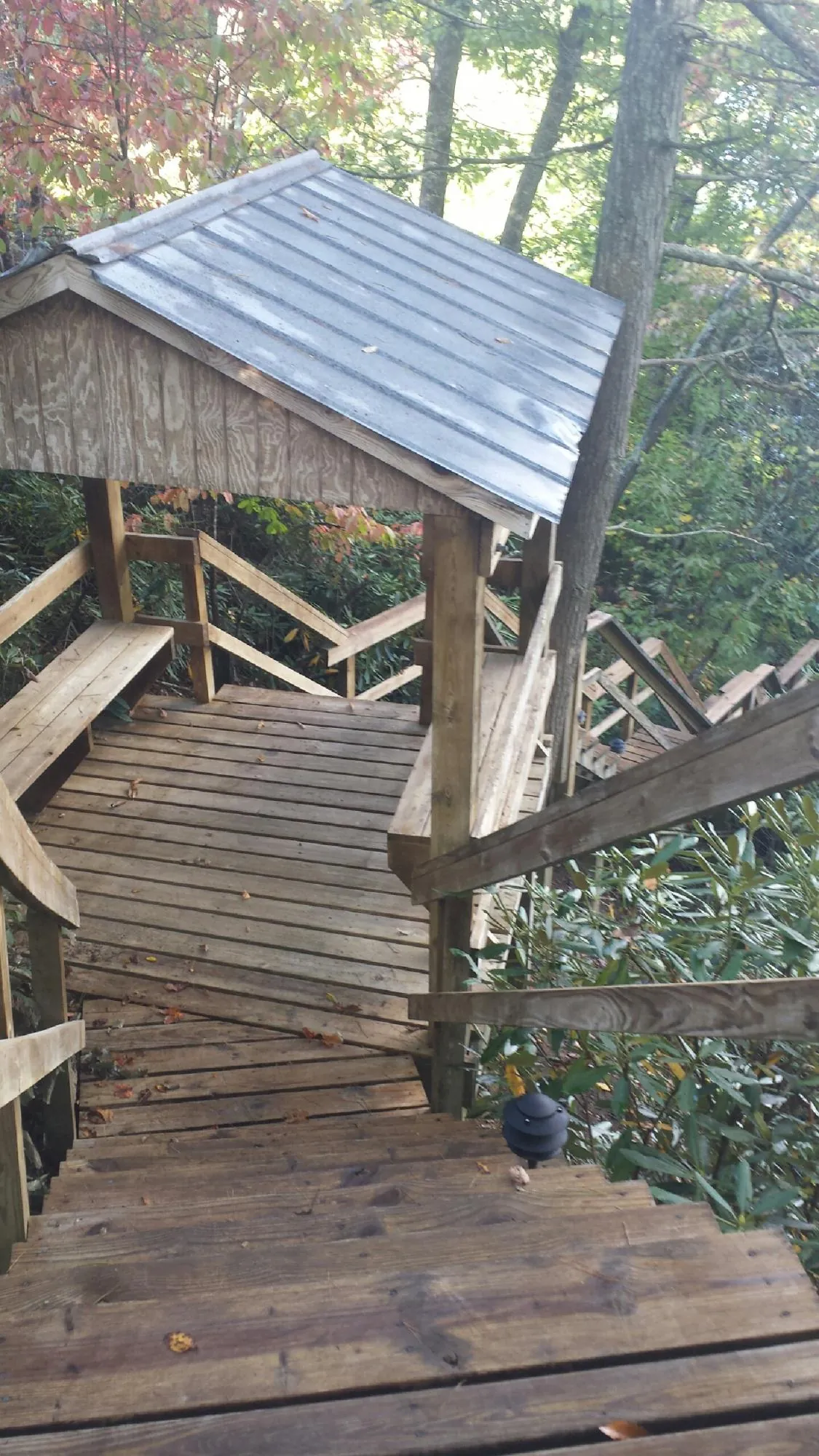 Metal roofed shelter over wooden steps on a wooded walkway — Skylight Repair & Installation work by our crew in Roxobel
